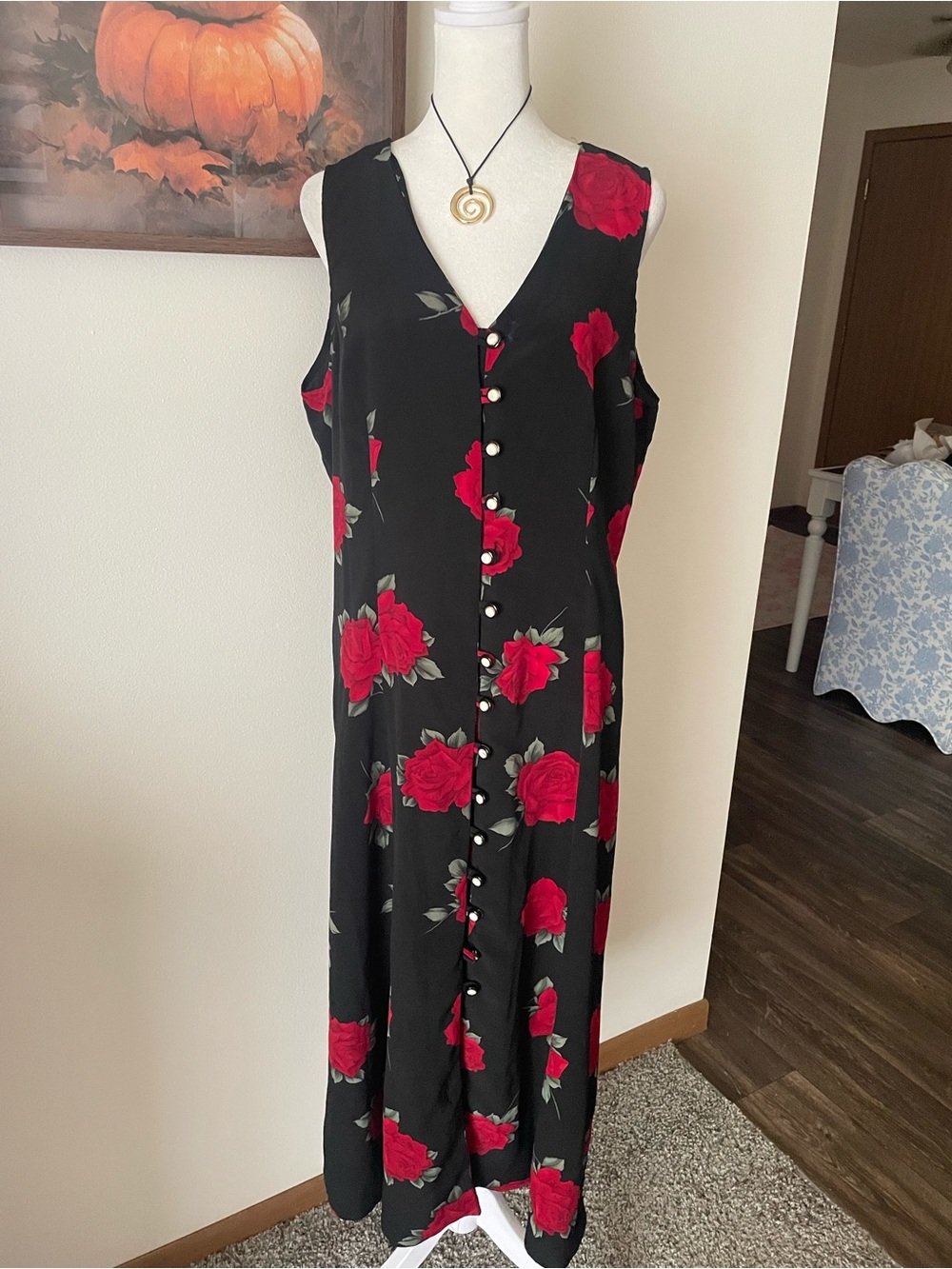 Vintage 90s Whimsigoth Red Floral Rose Button Front Tie Back Maxi Dress